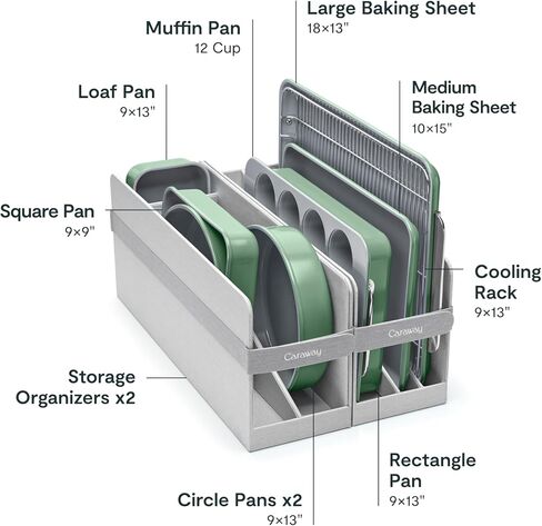 Caraway Nonstick Ceramic Bakeware Set (11 Pieces) - Baking Sheets, Assorted Baking Pans, Cooling Rack, & Storage - Aluminized Steel Body - Non Toxic, PTFE & PFOA Free - Sage in Kuwait