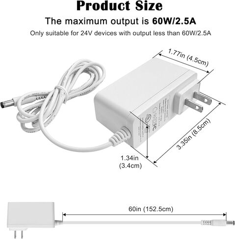 24V 2.5A LED Power Supply Adapter - 60W Max, UL Certified, Perfect for 24V Projects: COB LED Strips, LED Pixel, CCTV Camera & Computer Projects - Safety Overload & Thermal Protection in Saudi Arabia