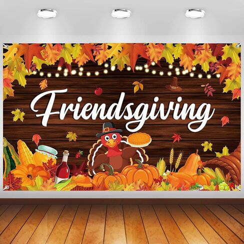Happy Friendsgiving Banner Thanksgiving Party Decorations Autumn Maple Leaves Pumpkin Wood Wall Background for Fall Thanksgiving Friends Party Wall Decor in Saudi Arabia