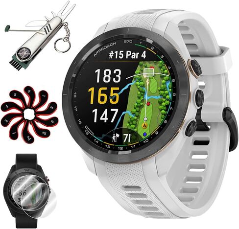 ساعة جولف Garmin 010-02746-00 Approach S70 مقاس 42 مم GPS بريميوم، حزام أبيض | نموذج الشريك الرسمي للولايات المتحدة الأمريكية | حزمة مع واقي شاشة Deco Essentials 2-Pack، وأداة جولف 7 في 1، وأغطية رأس حديدية in Saudi Arabia
