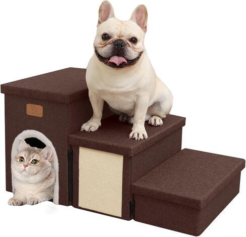 downluxe Dog Stairs for Small Dogs, Foldable Dog Steps for Bed, Sofa and Chair, Non-Slip Pet Steps with Cat Scratcher and Condo (3-Step Pet Stairs, Brown-Beige) in Saudi Arabia