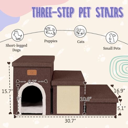 downluxe Dog Stairs for Small Dogs, Foldable Dog Steps for Bed, Sofa and Chair, Non-Slip Pet Steps with Cat Scratcher and Condo (3-Step Pet Stairs, Brown-Beige) in Saudi Arabia