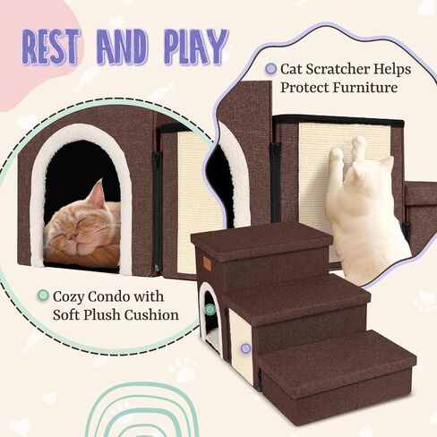 downluxe Dog Stairs for Small Dogs, Foldable Dog Steps for Bed, Sofa and Chair, Non-Slip Pet Steps with Cat Scratcher and Condo (3-Step Pet Stairs, Brown-Beige) in Saudi Arabia