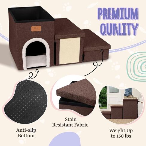 downluxe Dog Stairs for Small Dogs, Foldable Dog Steps for Bed, Sofa and Chair, Non-Slip Pet Steps with Cat Scratcher and Condo (3-Step Pet Stairs, Brown-Beige) in Saudi Arabia