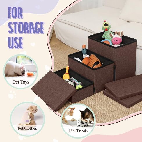 downluxe Dog Stairs for Small Dogs, Foldable Dog Steps for Bed, Sofa and Chair, Non-Slip Pet Steps with Cat Scratcher and Condo (3-Step Pet Stairs, Brown-Beige) in Saudi Arabia