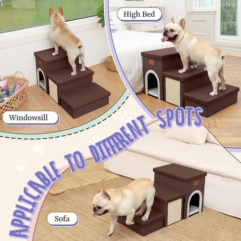 downluxe Dog Stairs for Small Dogs, Foldable Dog Steps for Bed, Sofa and Chair, Non-Slip Pet Steps with Cat Scratcher and Condo (3-Step Pet Stairs, Brown-Beige) in Saudi Arabia