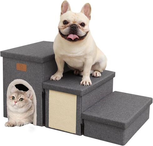downluxe Dog Stairs for Small Dogs, Foldable Dog Steps for Bed, Sofa and Chair, Non-Slip Pet Steps with Cat Scratcher and Condo (3-Step Pet Stairs, Brown-Beige) in Saudi Arabia