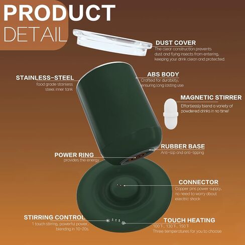 Coffee Mug Warmer with Self Stirring Set, 10oz Rechargeable Self Warming Coffee Mug for Desk Auto Shut Off, 100℉-149℉ Smart Temperature Control Beverages Warm Mug for Stirring & Heating (Green) in Saudi Arabia