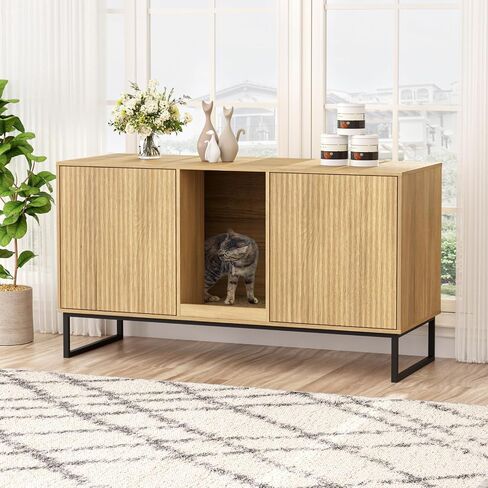 Cat Litter Box Enclosure, Fluted Hidden Litter Box Furniture with Cat Scratch Pad, 2 Doors Enclosed Litter Box Cabinet, Modern Indoor Pet House End Table for Living Room, Bedroom, Washroom in Saudi Arabia