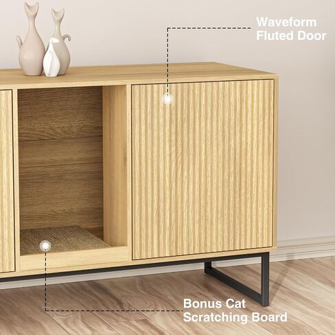 Cat Litter Box Enclosure, Fluted Hidden Litter Box Furniture with Cat Scratch Pad, 2 Doors Enclosed Litter Box Cabinet, Modern Indoor Pet House End Table for Living Room, Bedroom, Washroom in Saudi Arabia