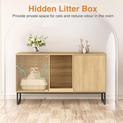 Cat Litter Box Enclosure, Fluted Hidden Litter Box Furniture with Cat Scratch Pad, 2 Doors Enclosed Litter Box Cabinet, Modern Indoor Pet House End Table for Living Room, Bedroom, Washroom in Saudi Arabia