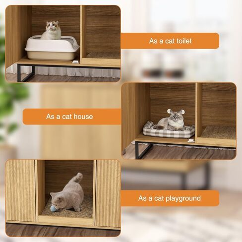 Cat Litter Box Enclosure, Fluted Hidden Litter Box Furniture with Cat Scratch Pad, 2 Doors Enclosed Litter Box Cabinet, Modern Indoor Pet House End Table for Living Room, Bedroom, Washroom in Saudi Arabia