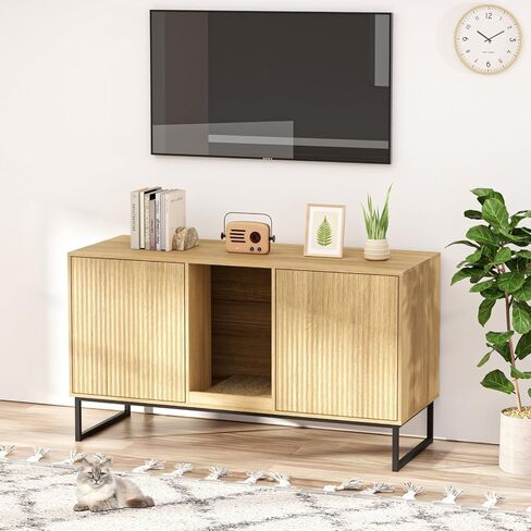 Cat Litter Box Enclosure, Fluted Hidden Litter Box Furniture with Cat Scratch Pad, 2 Doors Enclosed Litter Box Cabinet, Modern Indoor Pet House End Table for Living Room, Bedroom, Washroom in Saudi Arabia