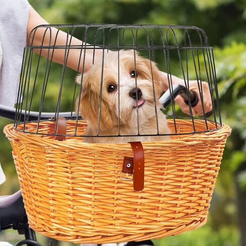 سلة للكلاب للدراجة - سلة دراجة مصنوعة يدويًا من الخيزران لحمل الكلاب باللون الطبيعي، سلة دراجة أمامية للكلاب أو القطط، سلة دراجات للكلاب والقطط للسفر من الروطان، سلة للحيوانات الأليفة للدراجة مع غطاء سلكي in Kuwait
