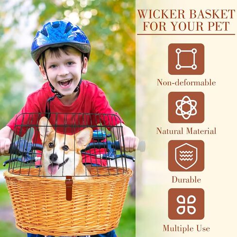 سلة للكلاب للدراجة - سلة دراجة مصنوعة يدويًا من الخيزران لحمل الكلاب باللون الطبيعي، سلة دراجة أمامية للكلاب أو القطط، سلة دراجات للكلاب والقطط للسفر من الروطان، سلة للحيوانات الأليفة للدراجة مع غطاء سلكي in Kuwait