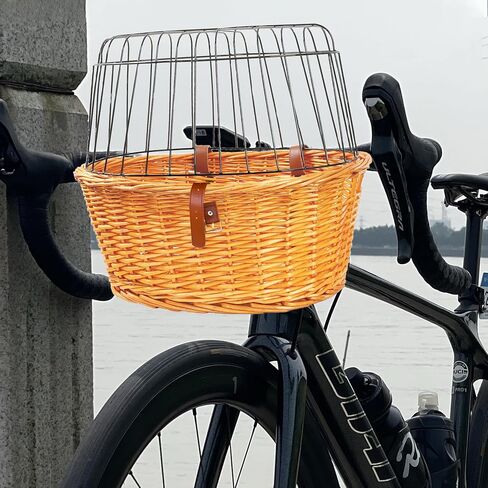 سلة للكلاب للدراجة - سلة دراجة مصنوعة يدويًا من الخيزران لحمل الكلاب باللون الطبيعي، سلة دراجة أمامية للكلاب أو القطط، سلة دراجات للكلاب والقطط للسفر من الروطان، سلة للحيوانات الأليفة للدراجة مع غطاء سلكي in Kuwait