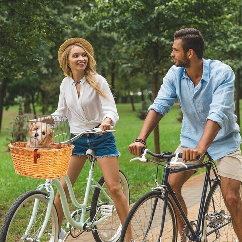 سلة للكلاب للدراجة - سلة دراجة مصنوعة يدويًا من الخيزران لحمل الكلاب باللون الطبيعي، سلة دراجة أمامية للكلاب أو القطط، سلة دراجات للكلاب والقطط للسفر من الروطان، سلة للحيوانات الأليفة للدراجة مع غطاء سلكي in Kuwait