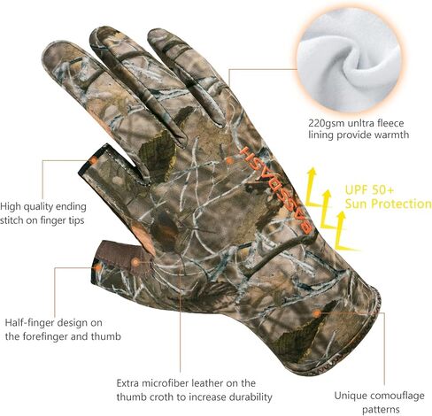 BASSDASH Unisex Fingerless Fleece Liner Camo Hunting Gloves for Cold Weather UPF 50+ Lightweight Fishing Photography HG06 in Kuwait