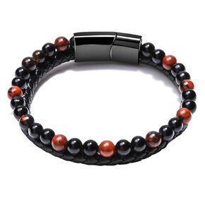 Leather Bracelet for Men, 2 in 1 Handmade Braided Leather Rope Tiger Eye Beaded Stone Bracelets, Double Row Magnetic Clasp Bracelet Jewelry Gifts for Men and Boy (8.3 In, Tiger Eye)