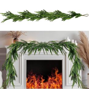 9Ft Christmas Garland Norfolk Pine Garland, Real Touch Winter Pine Garland, Green Artificial Greenery Garland for Table Wall Porch Fireplace Outdoor Indoor Room Winter Decoration