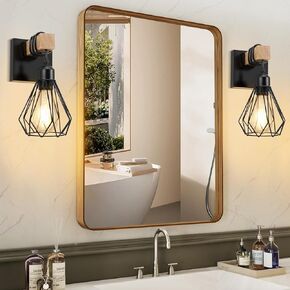 3-Light Farmhouse Bathroom Vanity Light Fixtures, Metal & Wood Bathroom Lighting Fixtures Over Mirror, Rustic Wall Sconces with Elegant Bud Lampshade for Living Bedroom Hallway (Bulbs Excluded)
