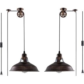 Plug in Pendant Light Industrial Pulley Pendant Lamp E26 Vintage Hanging Light Fixture With 16.4ft Cord On/Off Switch For Pool Table,Houseplant Grow lights,Kitchen Island,Sink 2 Pack Black