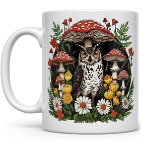 Woodland Forest Owl Cottagecore Coffee Mug, Cozy Whimsical Mushroom Nature Cup (11oz)