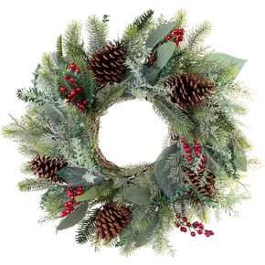 [30 Inch Artificial Christmas Wreath] - Winter Frost Collection - Natural Decoration - Pre Lit with 50 Warm Clear Colored LED Mini Lights - Includes Remote Controlled Battery Powered Timer