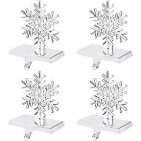 4 Pack Snowflake Christmas Stocking Holder Set for Mantle Christmas Decorations Holiday Mantle Fireplace Topper - Snowflake Snowman Reindeer and Christmas Tree Hangers Decorative Metal Hanger
