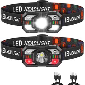 Headlamp Rechargeable, LED Headlamp with Red Light, 2Pack Headlamps for Adults Rechargeable, Head Lamps LED Rechargeable, LED Headlight Motion Sensor, Head Lights for Forehead Running Hunting Camping