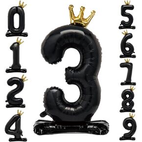 42 Inch Crown Black Number Balloon 0-9, Number 1 Balloon with Base for Boys Girls 1th Birthday Party Decoration, Anniversary Decor Theme Party Supplies (Black 1)