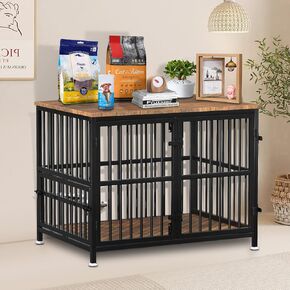 Wooden Dog Crate Furniture with 360° Rotating Feeder & 2 Bowls, Double-Door Kennel End Table for Medium & Large Dogs (29.9" L x 20.8" W x 25.2" H)