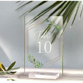OurWarm 20 Pcs Acrylic Wedding Table Numbers 1-20 with Stands, 4x6 Inch Clear Acrylic Sign Place Cards with Gold Trim Green Floral Theme for Wedding Reception Bridal Shower Wedding Table Decorations
