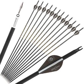 30" Pure Carbon Arrows Archery Practice Hunting Arrows Spine 300 350 400 500 600 Targeting Arrows with Removable Tips for Compound & Recurve & Long Bow 6/12 Pcs