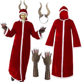 Mepase Christmas Devil Costume for Adults Christmas Demon of Solstice Folklore Red Robe Monster Hands Horns Headband