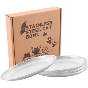 Stainless Steel Cat Dishes, 6.8" Wide Whisker Friendly Cat Dishes, Shallow Metal Food Bowl for Kitten and Small Pets Reducing Whisker Fatigue 4 Pcs