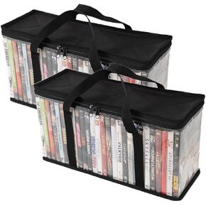 Set of 4 DVD Storage Bags,Transparent PVC Media Storage,Media Organizer Bag for DVDs, CDs, Video Games, VHS Box, Video Game Disks,With Reinforced Carrying handles (4, Medium)