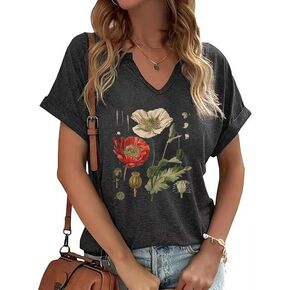Vintage Flowers V Neck Shirt for Women Boho Floral Wildflowers Graphic Tee Casual Cottagecore Summer T Shirt