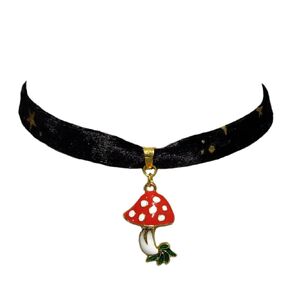 Celestial Woodland Mushroom Charm Pendant Velvet Choker Necklace Handmade Gift for Her Jewelry Fairycore Whimsigoth Accessory