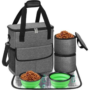 Dog Travel Bag, 2 Collapsible Dog Bowls Weekend Dog Travel Accessories for Camping, 2 Travel Dog Food Container, 1 Waterproof Pet Feeding Mat - S, Black