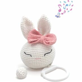 Baby Hanging Musical Box Toys, Soothing Musical Pulldown Toy with Wooden Teether, Crochet Musical Bear Head Toys for Newborn Infant Baby Toys for 0, 3, 6, 9, 12 Months