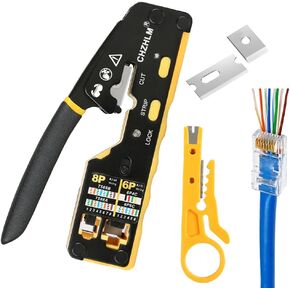 RJ45 Crimp Tool Kit Pass Through Crimper RJ45 Crimping Tool Stripper Cutter Crimper All-in-One for 8P RJ45 Cat5 Cat5e Cat6 Cat6a 6P RJ11/12 Telephone Connectors With Cable Tester 50PCS Connectors 50PC