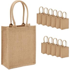 Sparkle and Bash 12 Pack of Natural Burlap Tote Bags with Handles 8 x 10 x 4 Inches for Groceries, Shopping, Beach, DIY Crafts, Art Projects, Bachelorette Party, Reusable Bulk Set