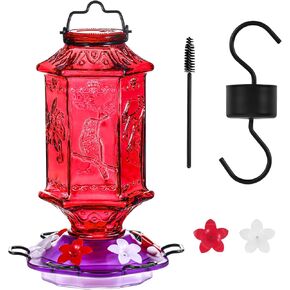 Hummingbird Feeder for Outdoors, Lantern Shaped Bottle, 6 Simulation Flowers Feeding Ports, 26 fl.oz, Hanging for Garden Yard, Rust Proof, Red(Ant Moat Included)