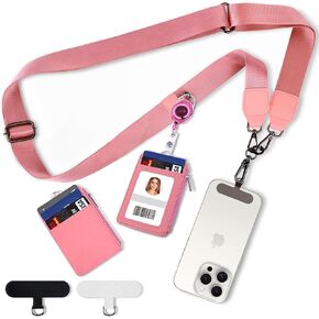 Clip & Go Phone Lanyard with 2 in 1 Wallet & Retractable ID Badge Card Holder + 2PCS Tethers, Cell Phone Strap Crossbody with Zipper Pouch, Long Adjustable Strap for All Phones for Women & Men, Black