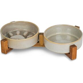 Dog Slow Feeder Ceramic Bowls Set with Stand, Cute Paw Slow Feeding Food Bowl and Water Bowl for Small Breed, Ceramics Cat Dishes,Non Slip, Brithday Gifts, Grey