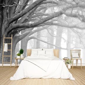Nature Grey Forest Wallpaper Big Tree Jungle Landscapes Bedroom Black and White Scenery murals Office Decor Living Room Large Wall Mural - 91"x65" Not Peel and Stick