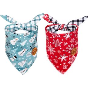 CROWNED BEAUTY Christmas Dog Bandanas Reversible Large 2 Pack, Snowy Magic Set, Plaid Adjustable Triangle Holiday Snowman Scarves for Medium Large Extra Large Dogs Boy Girl Pets DB143-L