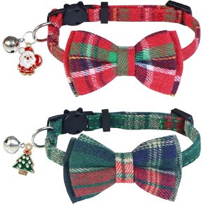 STMK 2 Pack Christmas Cat Collars with Bell, Breakaway Holiday Christmas Cat Kitten Collars with Bowtie Bell Santa Christmas Tree for Christmas Cats Kittens Costumes Outfits (Red and Green, Bow)