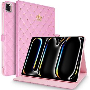 Cute Crown Case for iPad Pro 11 Inch 2024 (M4), Soft PU Leather Smart Auto Sleep/Wake with Stand Flip Folio Bling Sparkle Rhinestone for Apple iPad Pro 11 5th Gen (A2836, A2837, A3006)-Pink